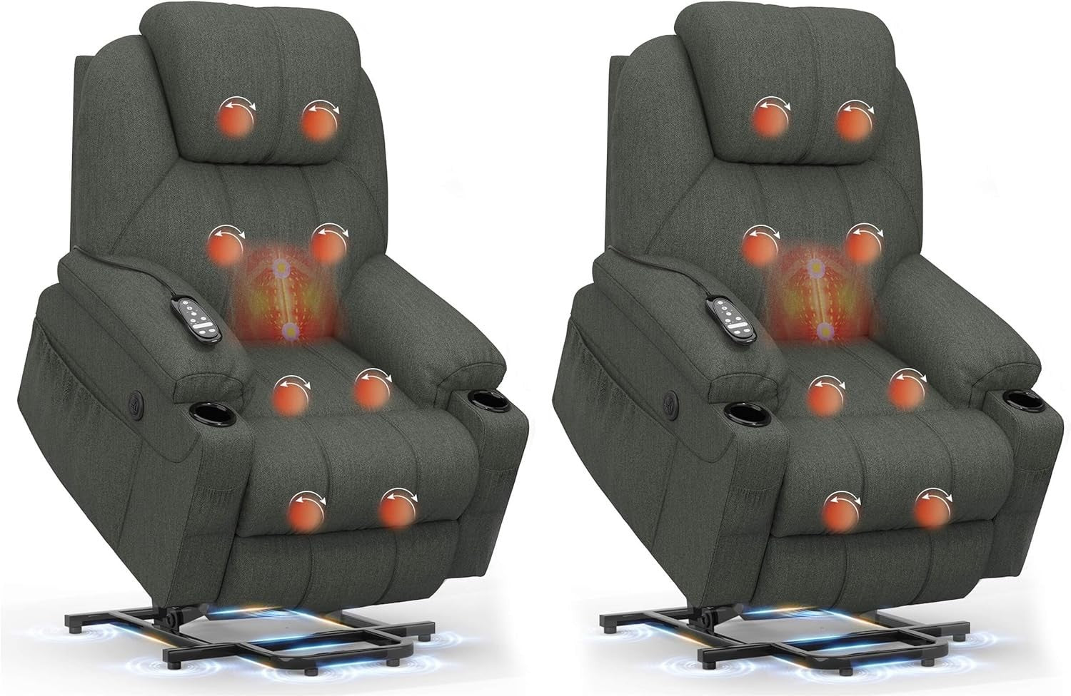 Set of 2 Lift Recliner Chairs Massage Heat USB-C Footrest Cup Holders Dark Grey