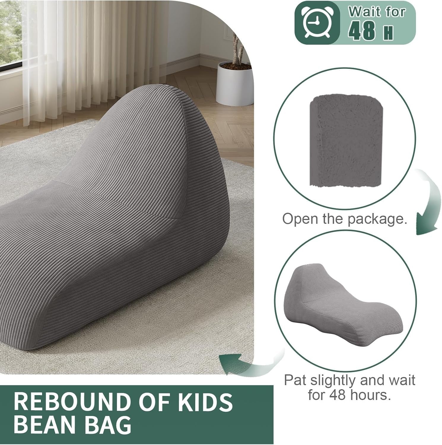 Large Grey Kids Bean Bag Chair with Removable Washable Cover - Durable Seat