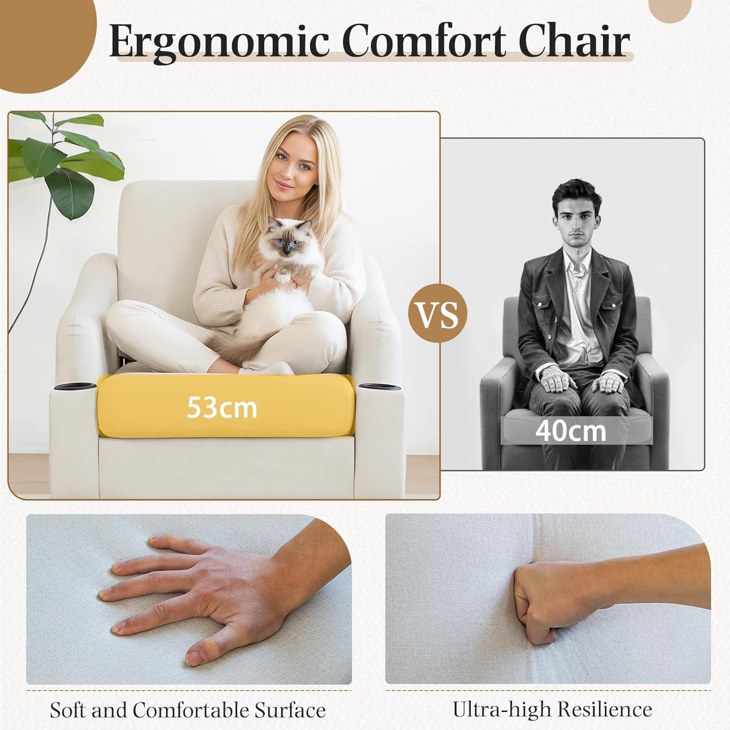 Beige Fabric Accent Armchair with Cup Holders – Comfy Living Room Seat