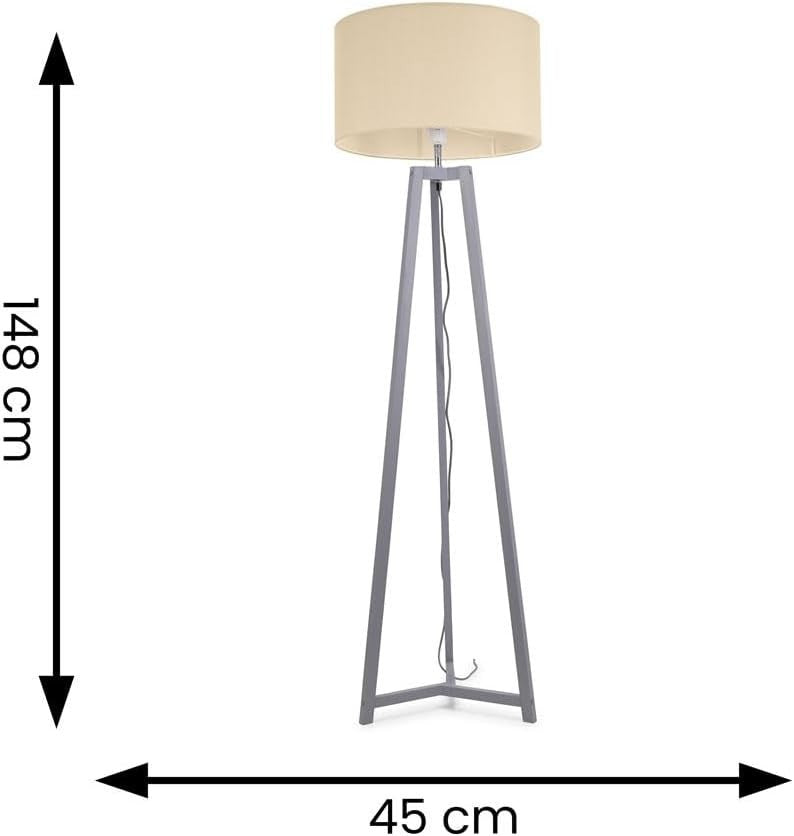 Grey Wooden Tripod Floor Lamp Natural Fabric Drum Shade LED Light