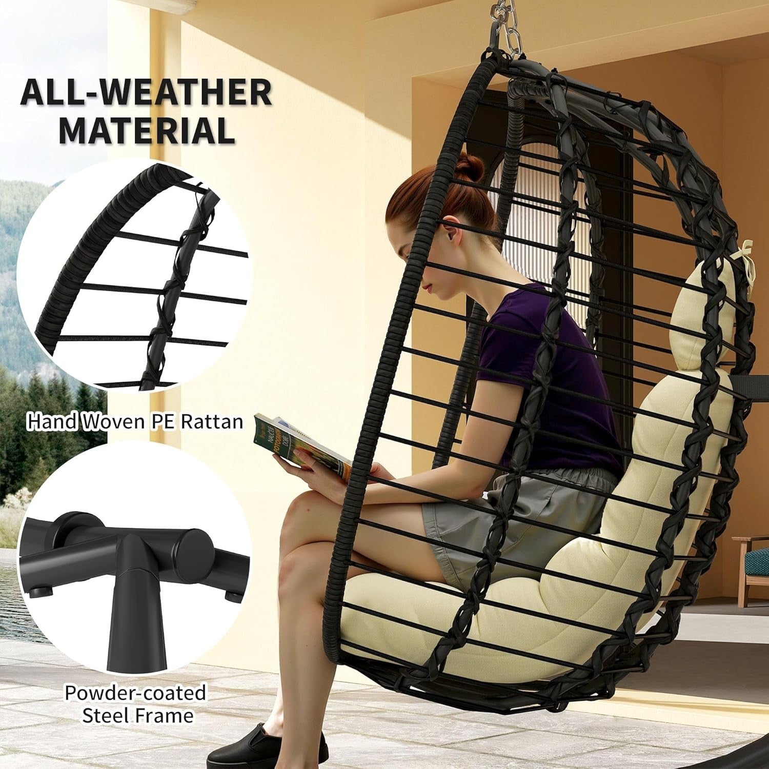 Hanging Egg Chair with Stand Cushioned Foldable Garden Swing Seat