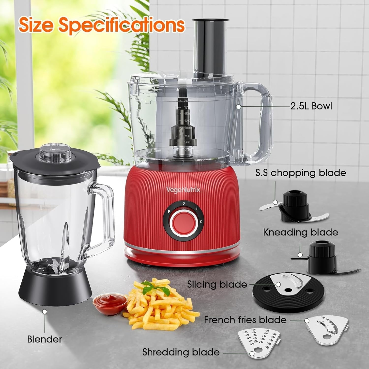 1500W Food Processor Blender Combo 2.5L Chopper 2L Glass Jar Red