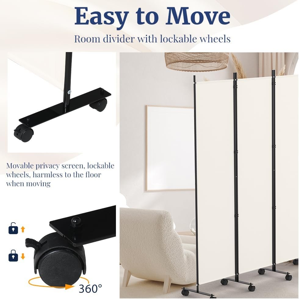6 Panel Beige Folding Room Divider with Lockable Wheels 119x70 Inch