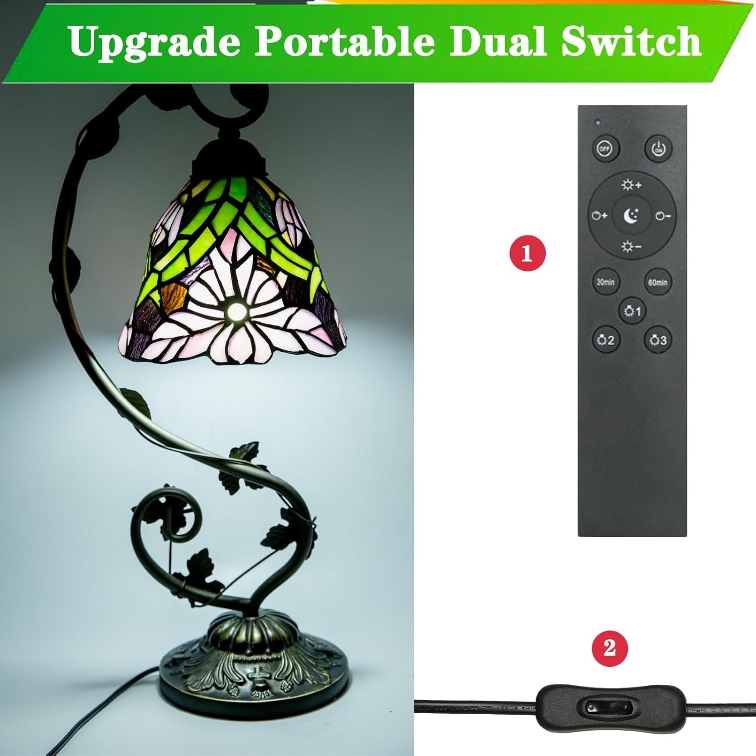 Stained Glass Table Lamp Remote Dimmable Color Temp 28x20x52cm