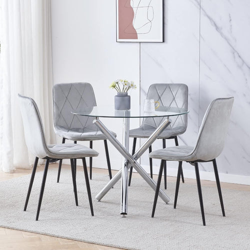 Round Glass Dining Table Set 4 Grey Velvet Chairs Compact Modern Kitchen