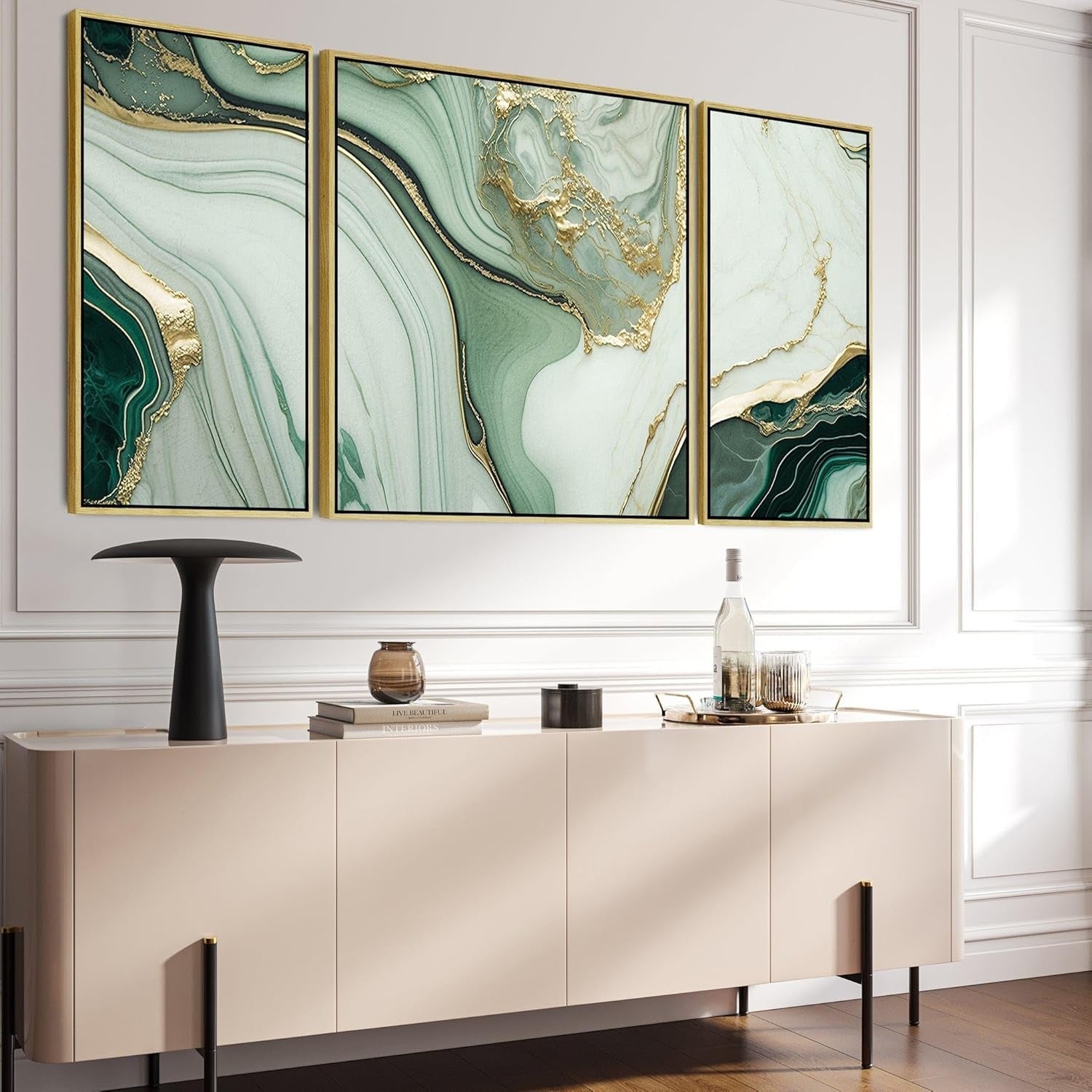 3Pcs Green & Gold Abstract Canvas – Large Framed Wall Art Set