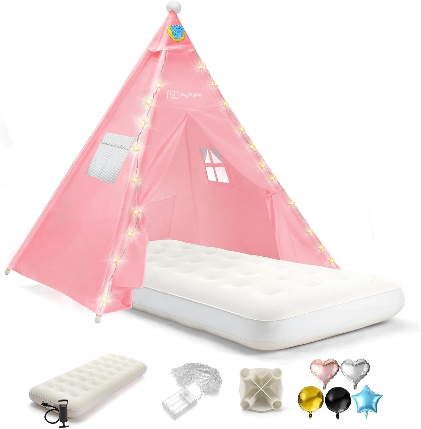 Kids Teepee Tent with Inflatable Airbed, Lights & Balloons – Pink Playhouse