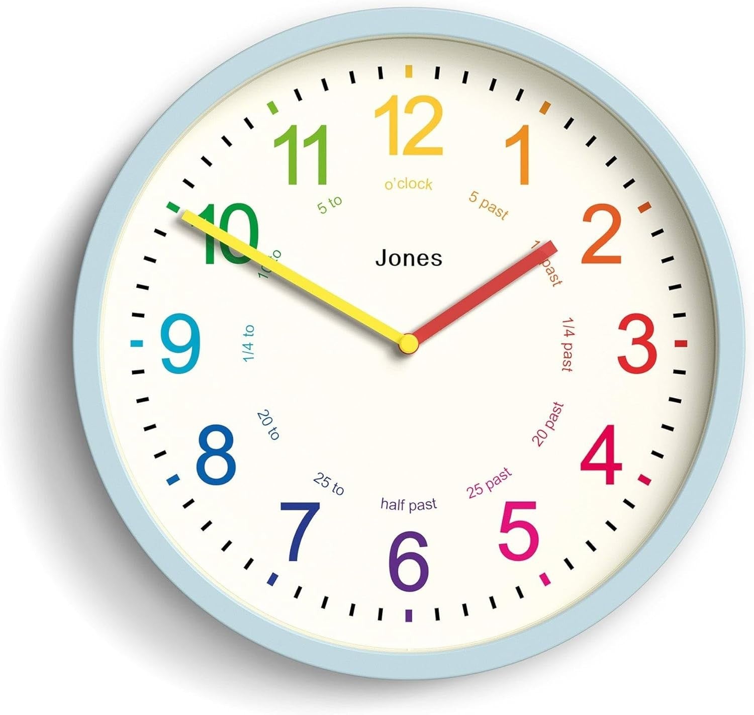 25cm Kids Wall Clock Blue – Silent Non-Ticking Colourful Numbers Learn Time