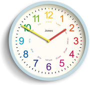 25cm Kids Wall Clock Blue – Silent Non-Ticking Colourful Numbers Learn Time