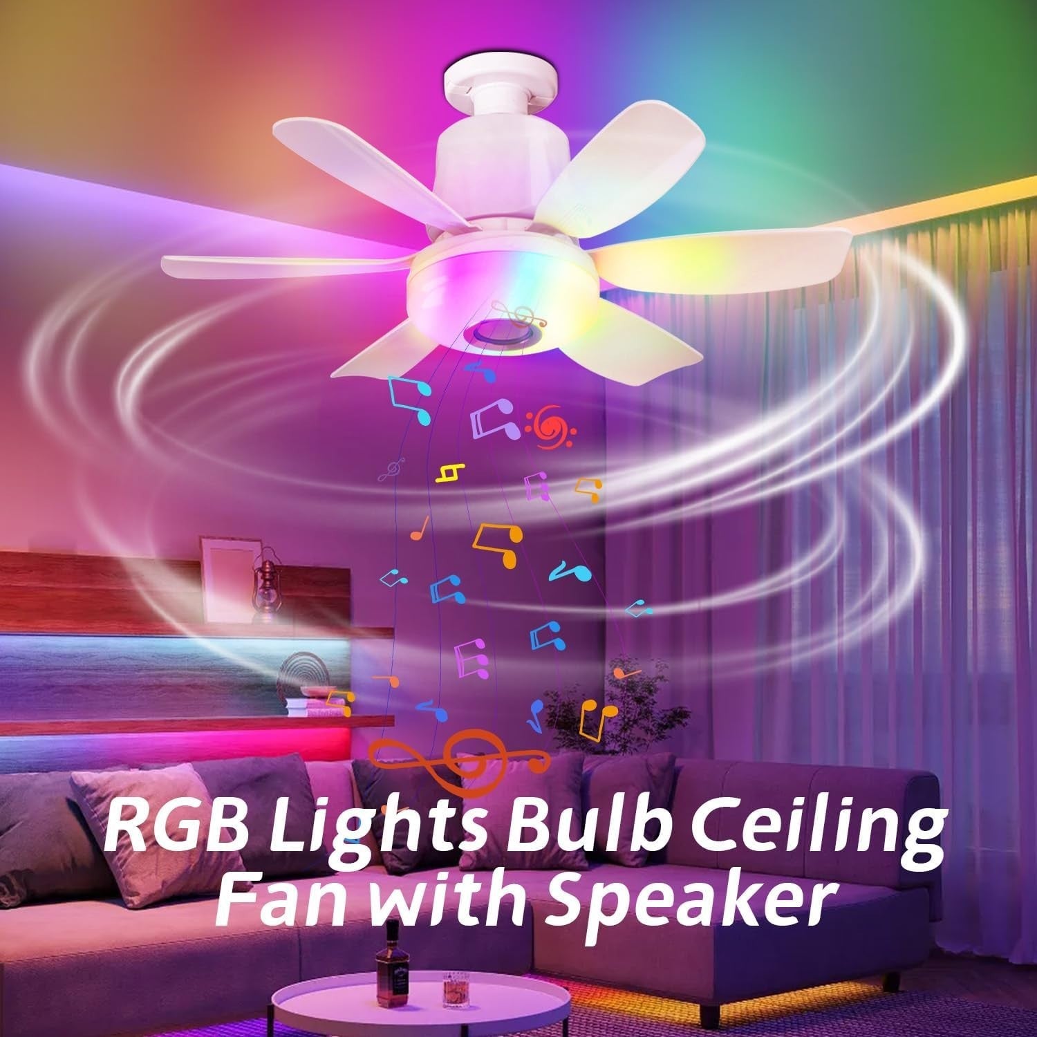32W Ceiling Fan with Bluetooth Speaker, RGB LED, Remote, 3 Speeds