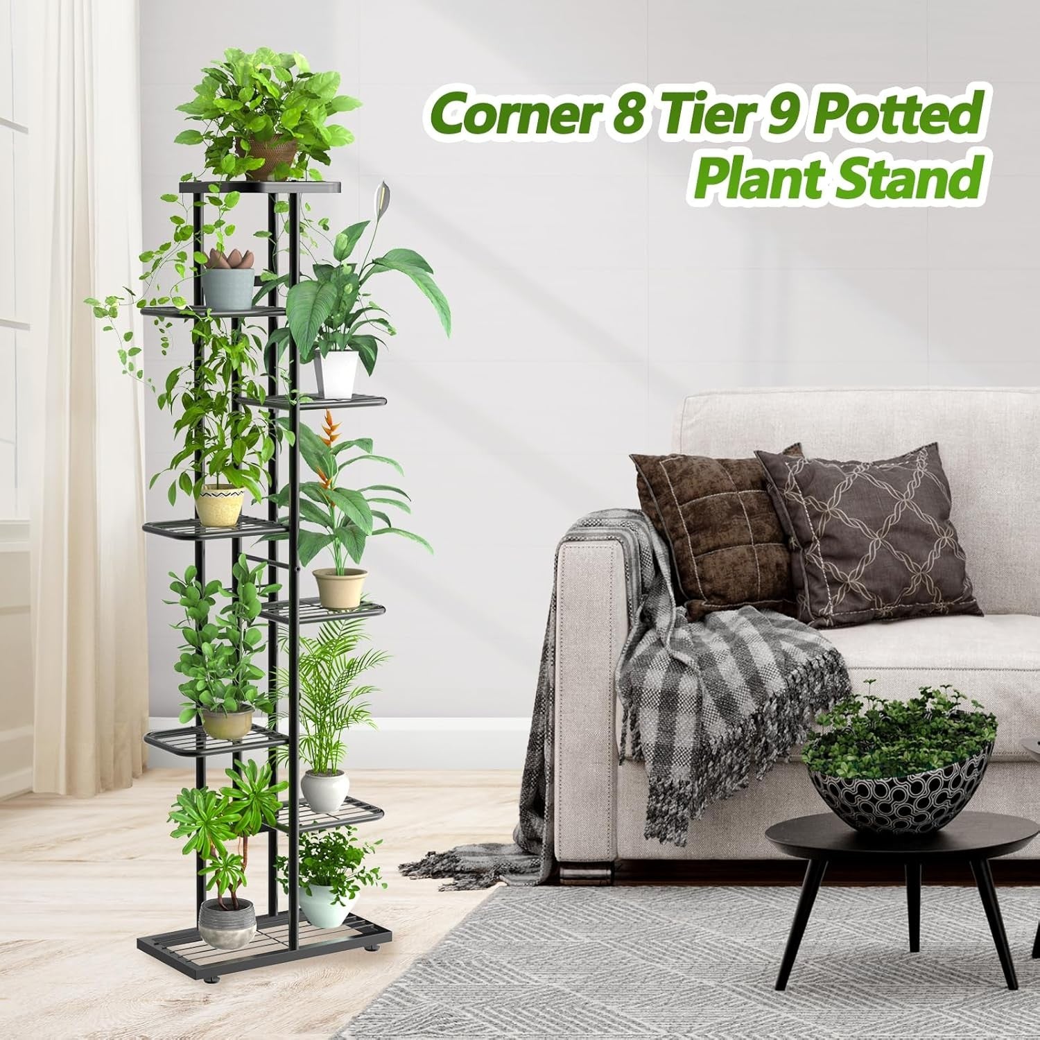 8 Tier Tall Black Metal Plant Stand Indoor Outdoor Flower Shelf with Tools Set