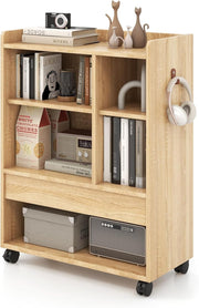 Mobile Bedside Table with Drawer & Shelves | Natural Wood Side Table on Wheels