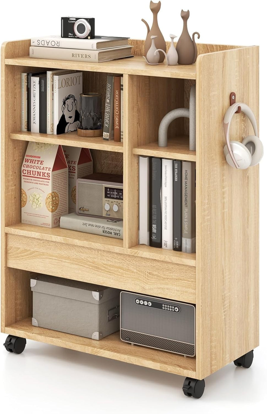 Mobile Bedside Table with Drawer & Shelves | Natural Wood Side Table on Wheels
