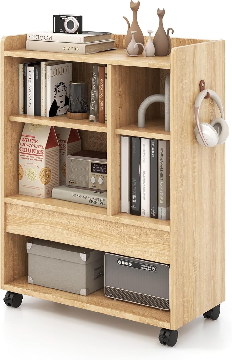 Mobile Bedside Table with Drawer & Shelves | Natural Wood Side Table on Wheels
