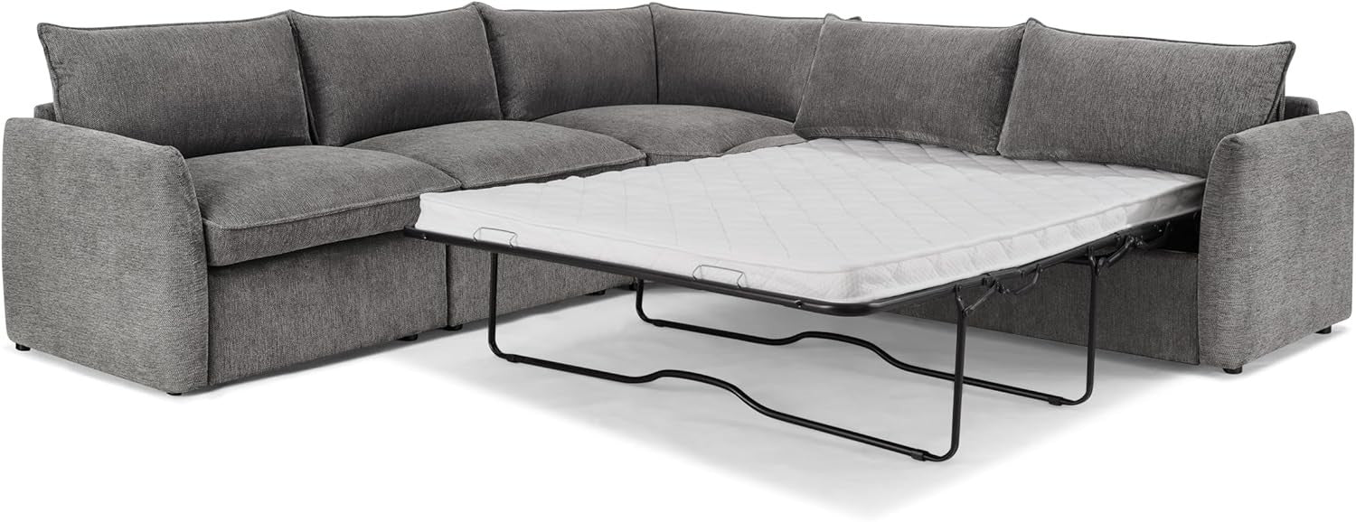 Grey Linen 5 Seater L-Shape Sofa Bed – Pull-Out Sleeper, Metal Frame, Modern