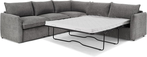 Grey Linen 5 Seater L-Shape Sofa Bed – Pull-Out Sleeper, Metal Frame, Modern