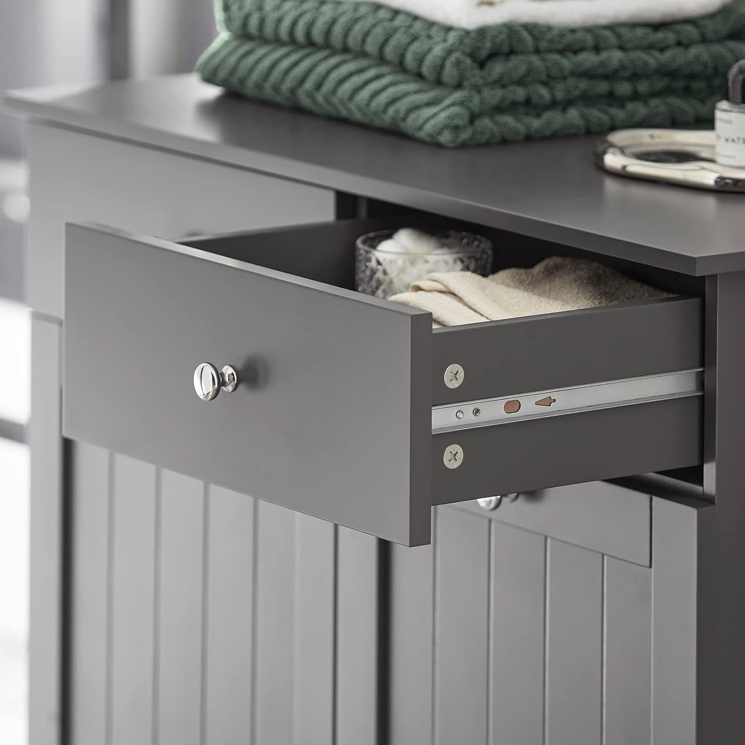 Bathroom Laundry Cabinet Storage Unit with Drawers & Baskets Grey MDF