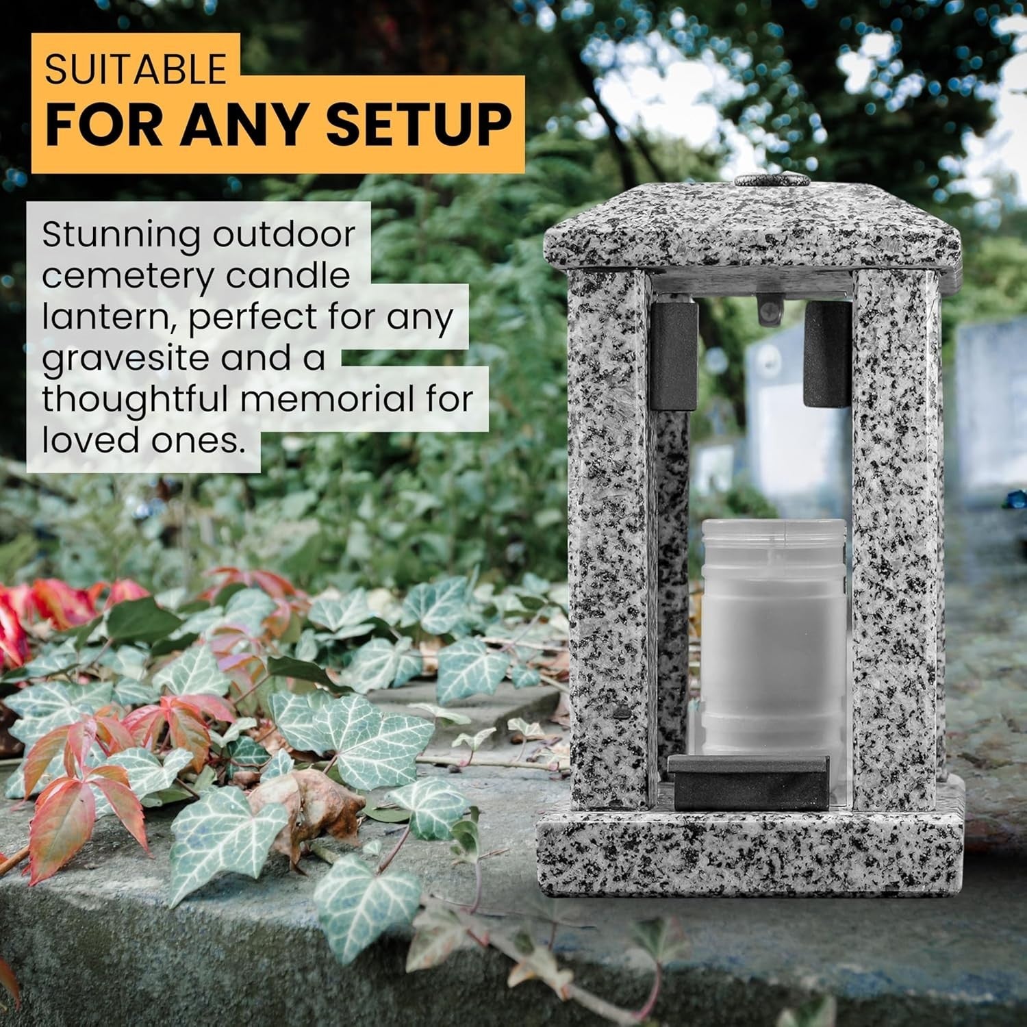 Large Grey Granite Candle Lantern 32cm Square Polished Decor