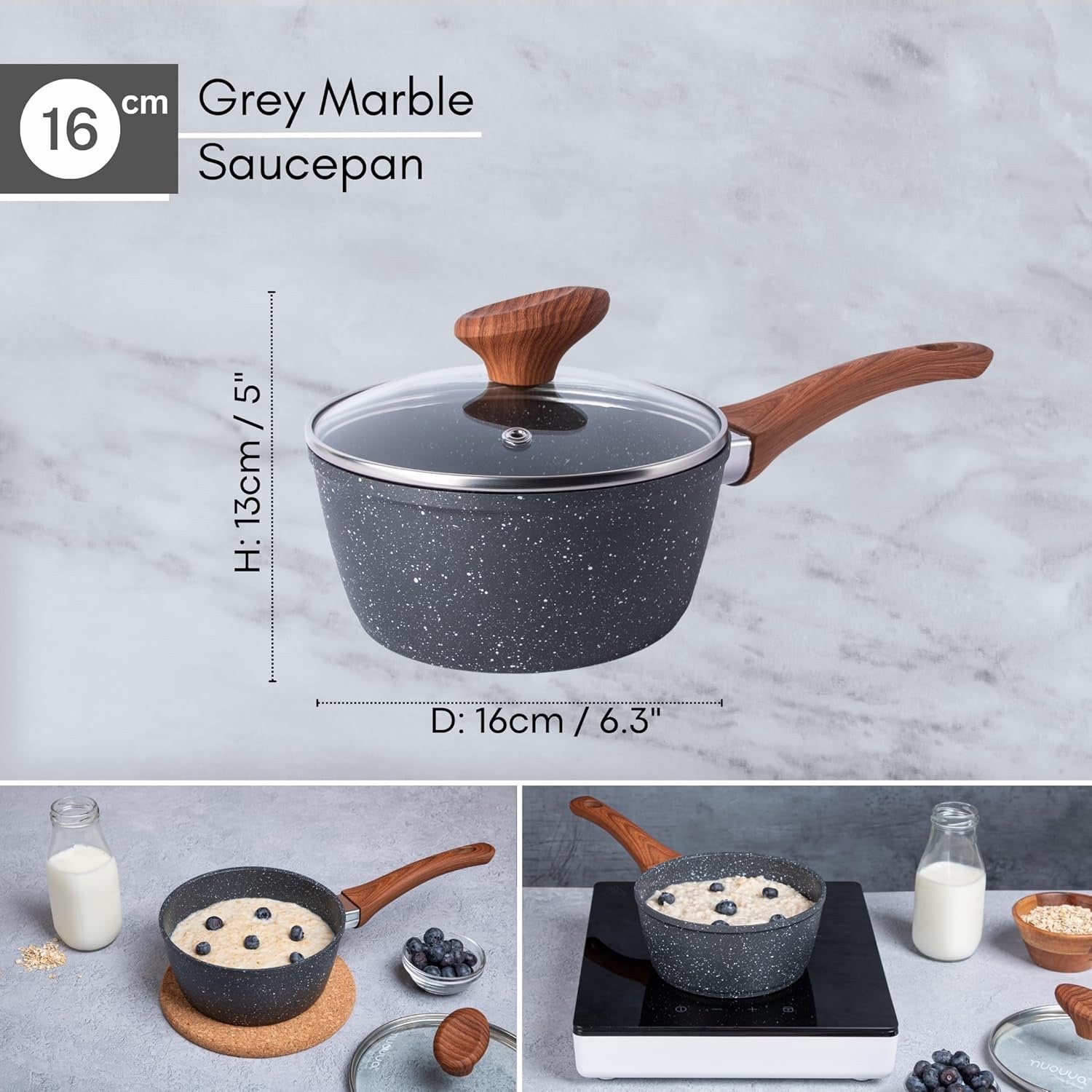 16cm Non-Stick Marble Saucepan with Glass Lid Induction & Gas Ready