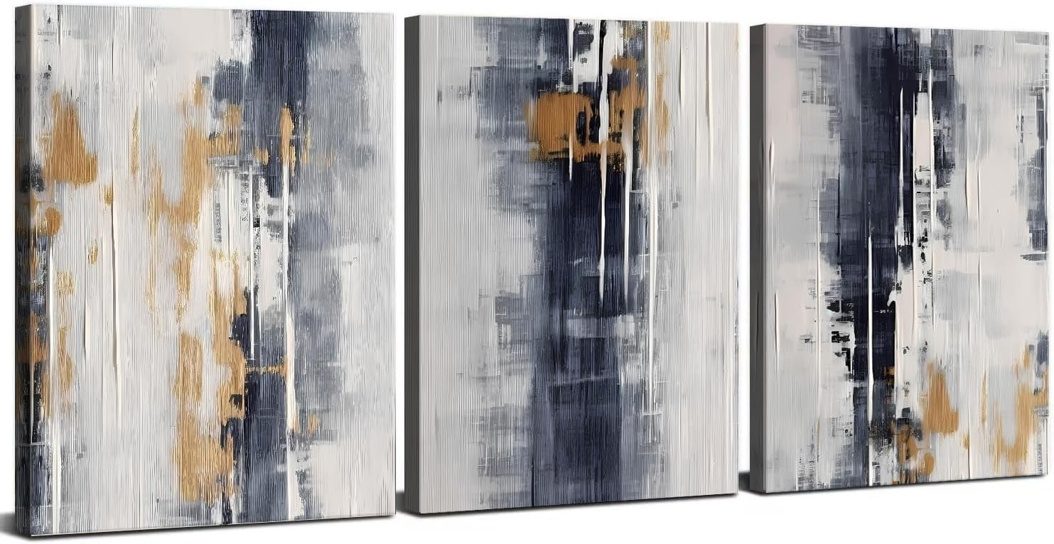 Set of 3 Grey Abstract Canvas Wall Art Gold Black 40x30cm
