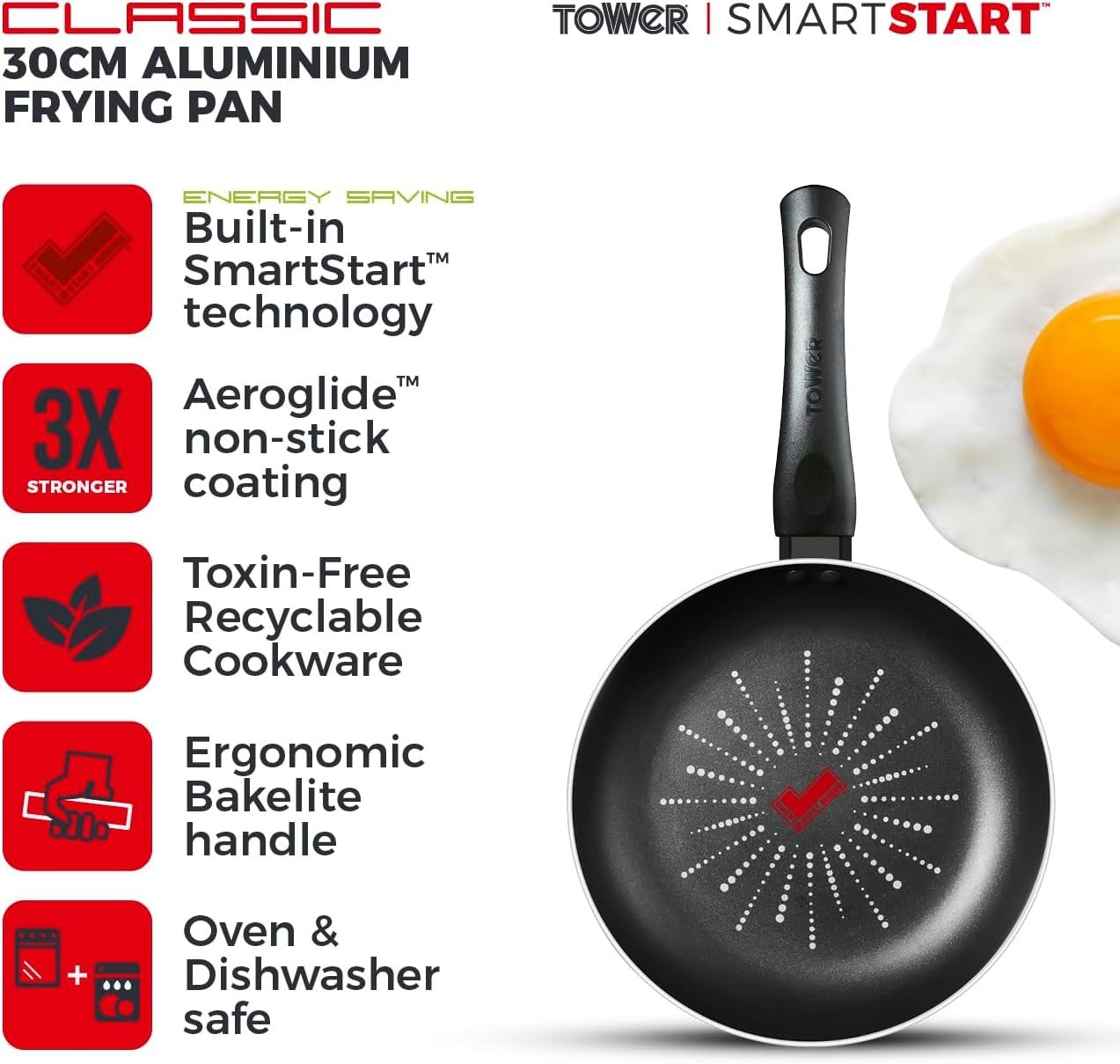 30cm Black Smart Start Non-Stick Frying Pan, Easy Clean, Oven Safe, PFOA-Free