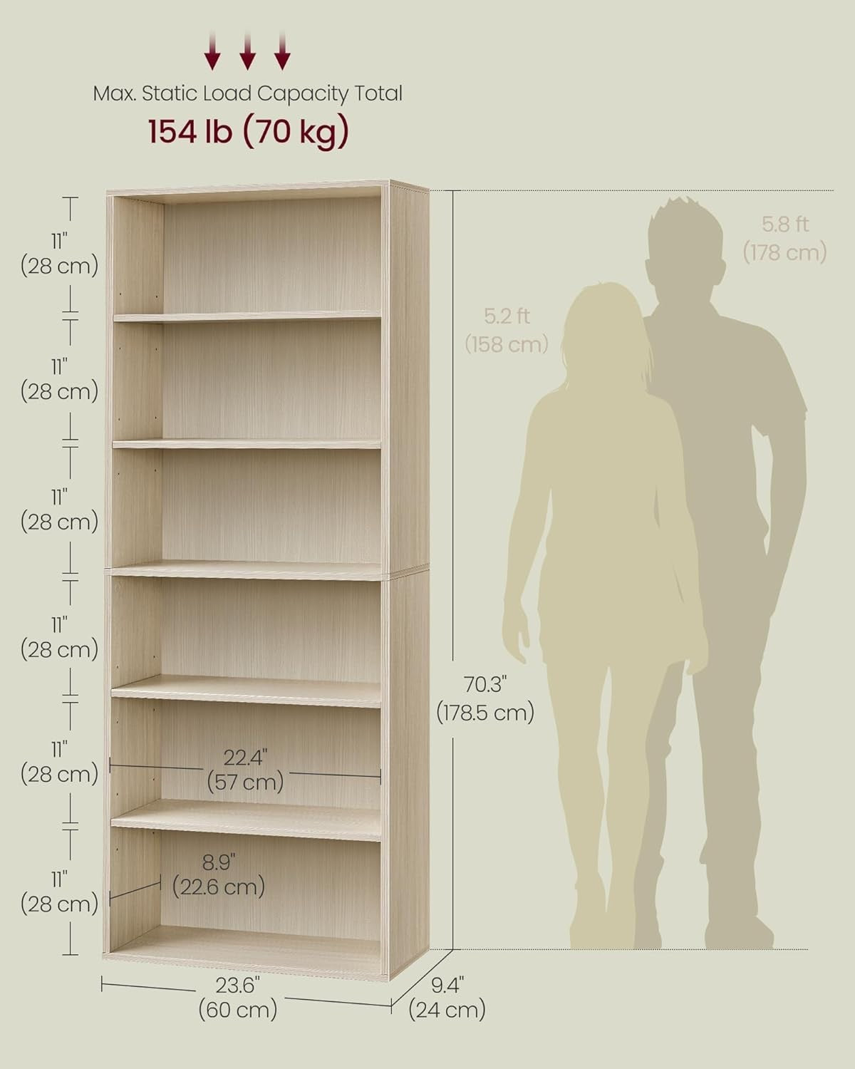 6 Tier Beige Wooden Bookcase Tall Storage Display Book Shelf for Living Room