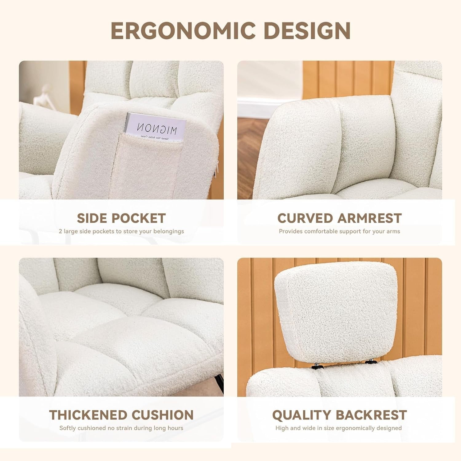 Comfortable Rocking Chair with Adjustable Headrest & Soft Faux Fur Upholstery