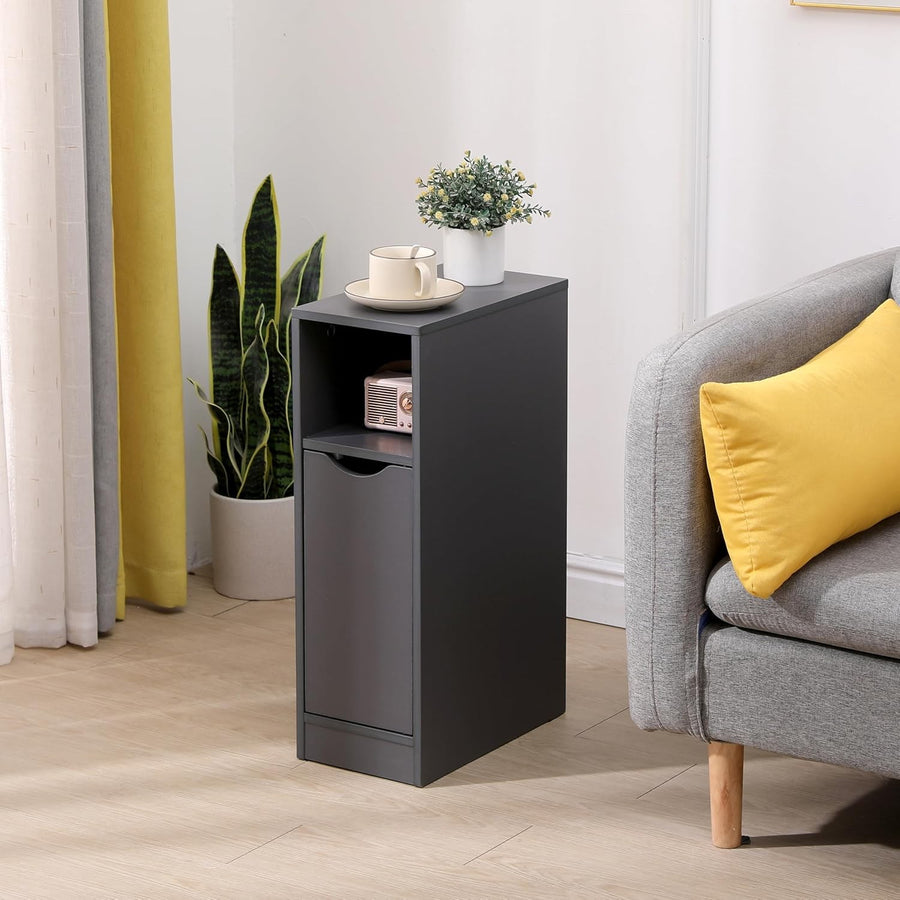 Slim Grey Bedside Table with Drawer & Shelf, Narrow Modern Nightstand Storage