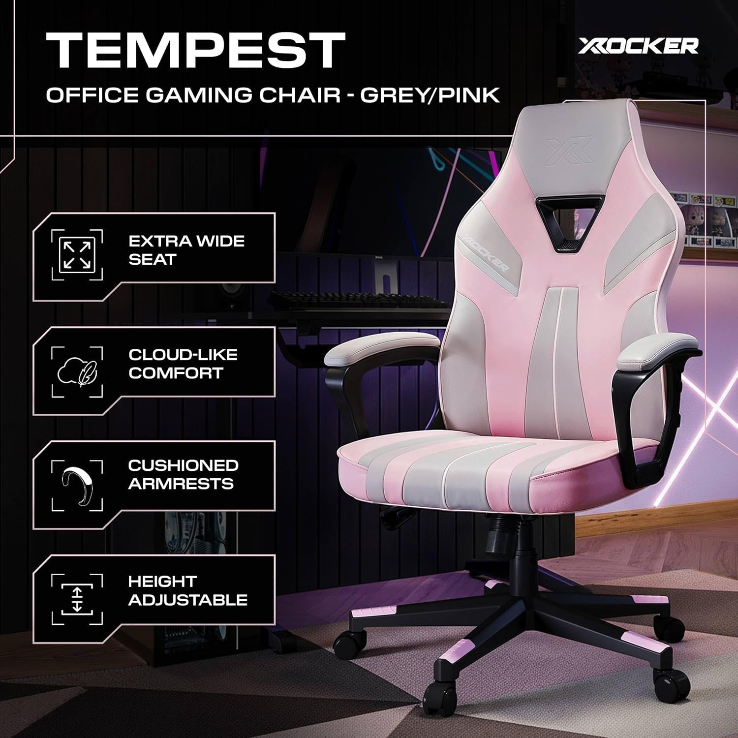 Ergonomic Gaming Chair High Back Wide Seat Grey Pink