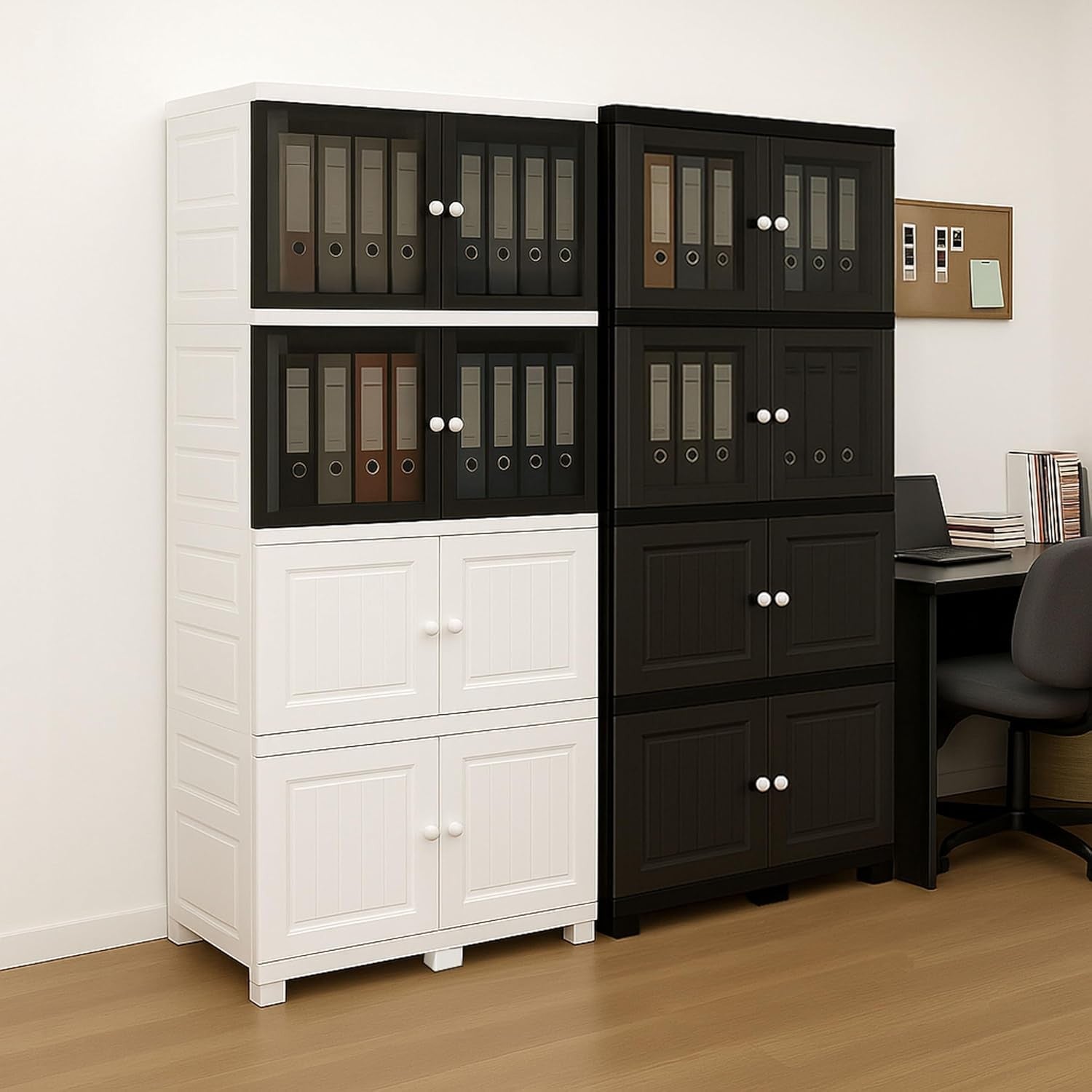 4 Tier Plastic Storage Cabinet | Grey Cupboard with Tinted Doors for Home Office