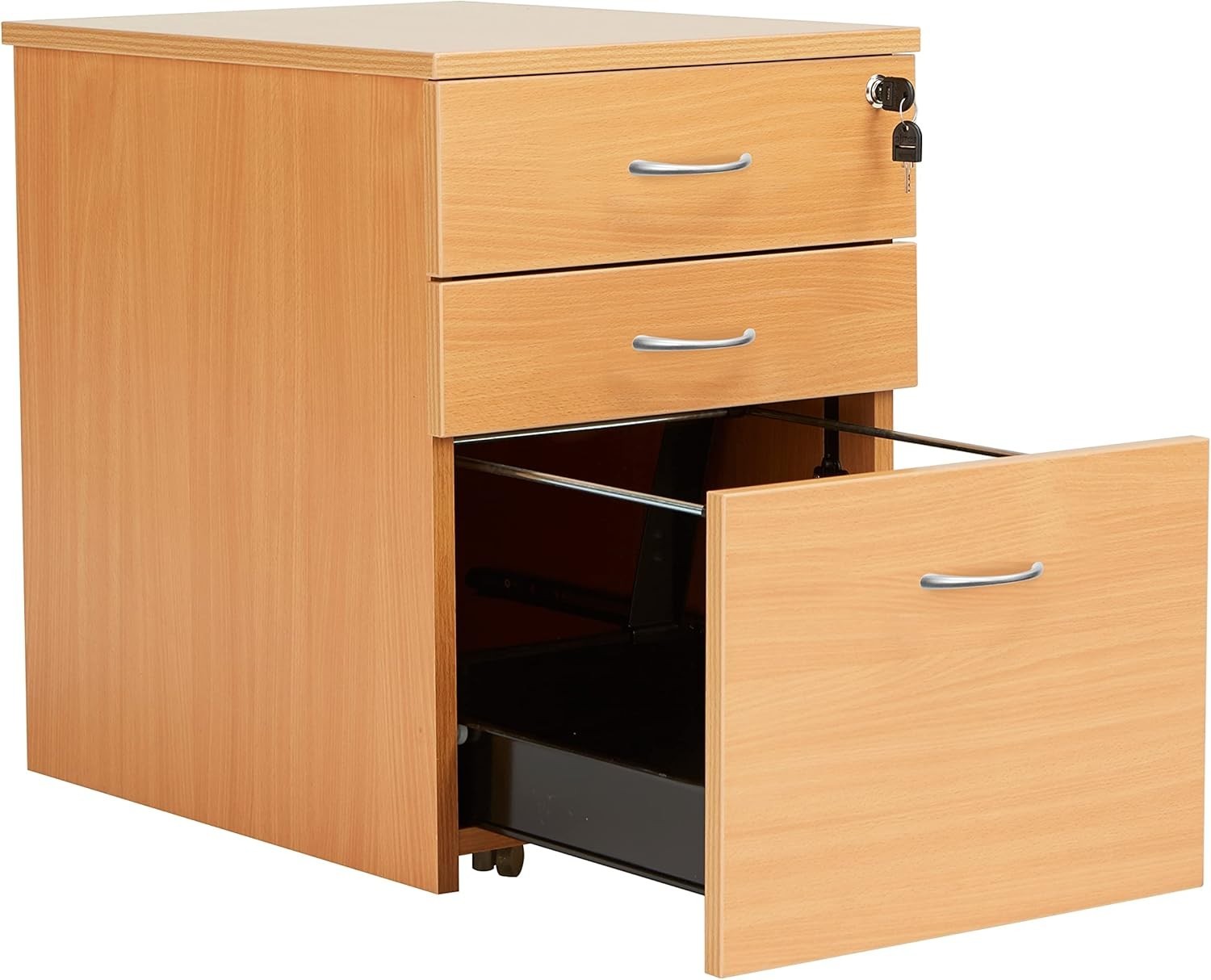 Beech Mobile Filing Cabinet 3 Drawer Lockable Under Desk A4
