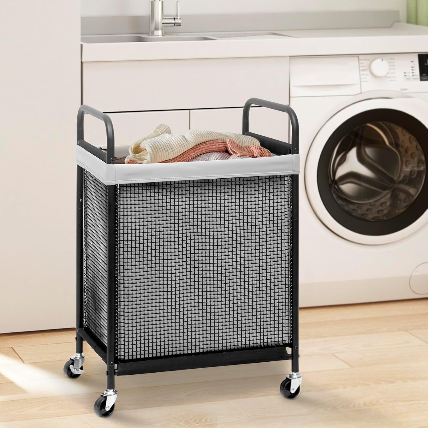 Rolling Laundry Hamper with Wheels 90L | Removable Liner Bag | Slim Laundry Cart