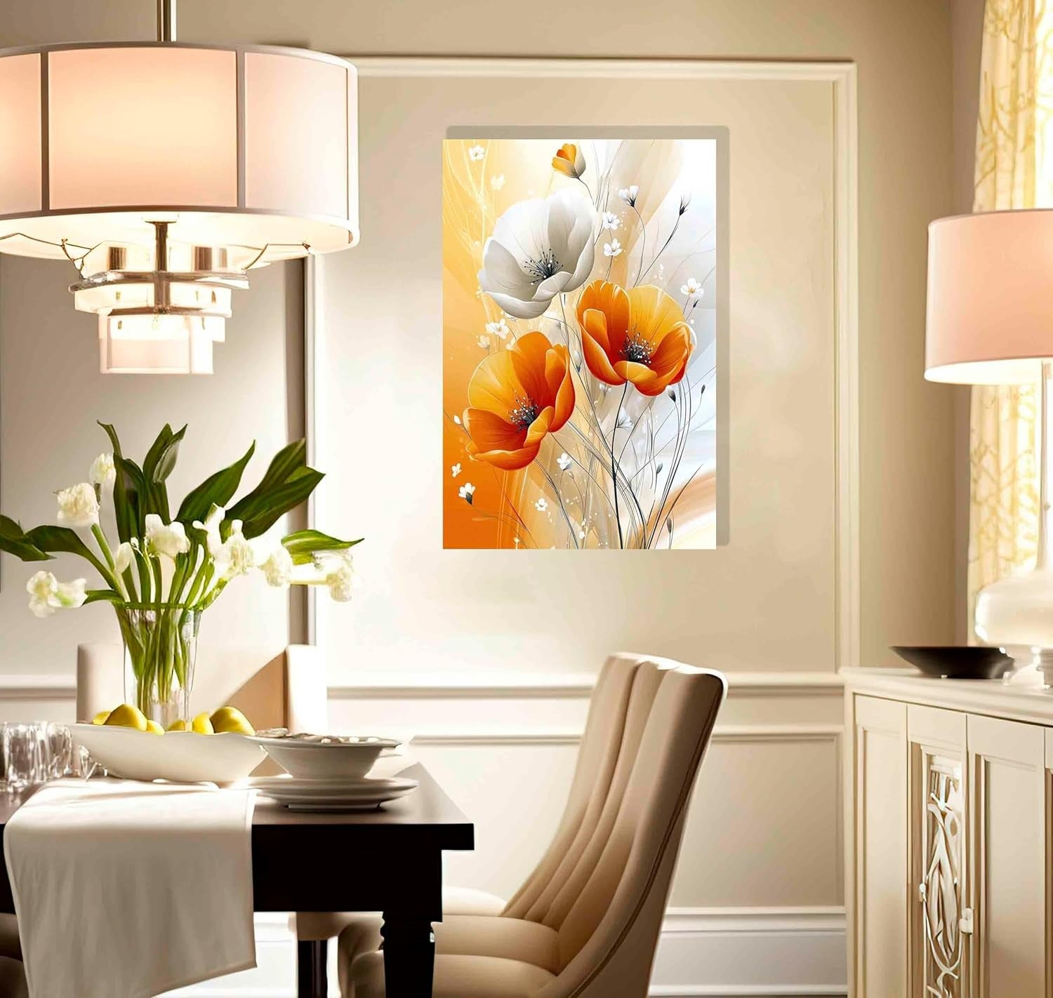 Abstract Orange White Flowers Framed Canvas Print 40x30 cm Modern Art
