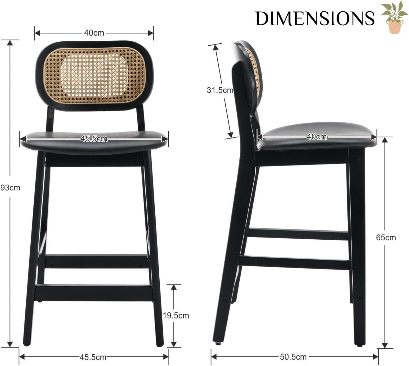 Ergonomic PU Leather Bar Stools with Rattan Backrest & Solid Wood Frame