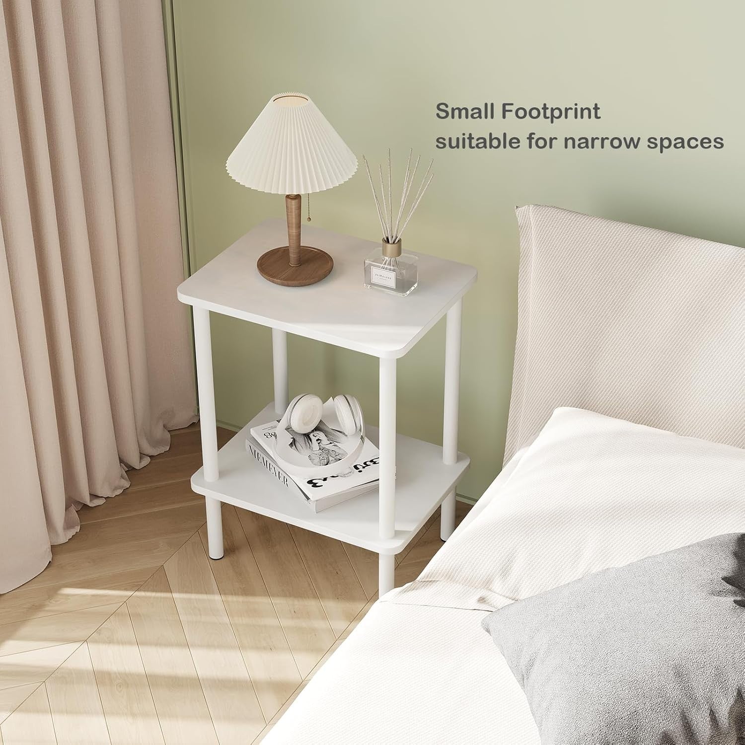 White 2-Tier Narrow Side Table with Shelf – Small Bedside End Table
