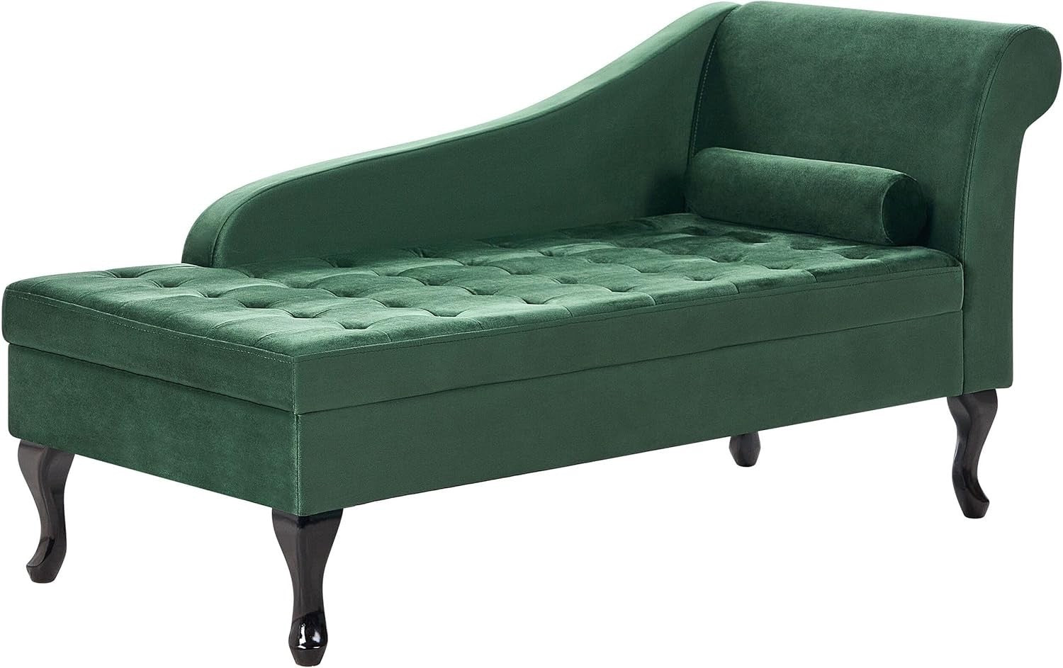 Velvet Right Hand Chaise Lounge with Storage & Cushion, Wooden Legs, Dark Green