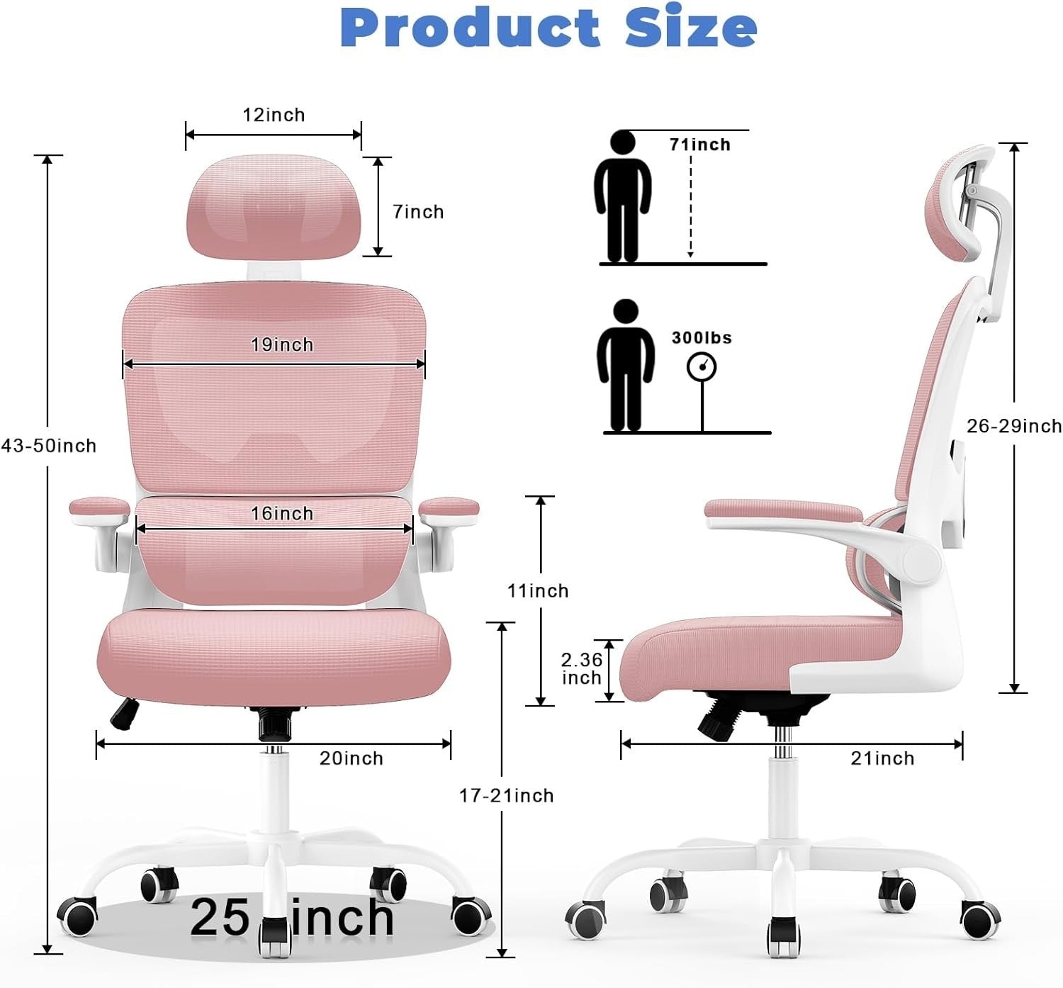 Pink Ergonomic Office Chair Mesh Back Flip-Up Armrests Adjustable Headrest Tall