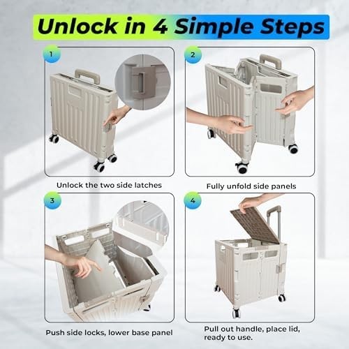 40KG Foldable Utility Trolley 65L Cart Lid Cup Holder 4 Wheels Grey