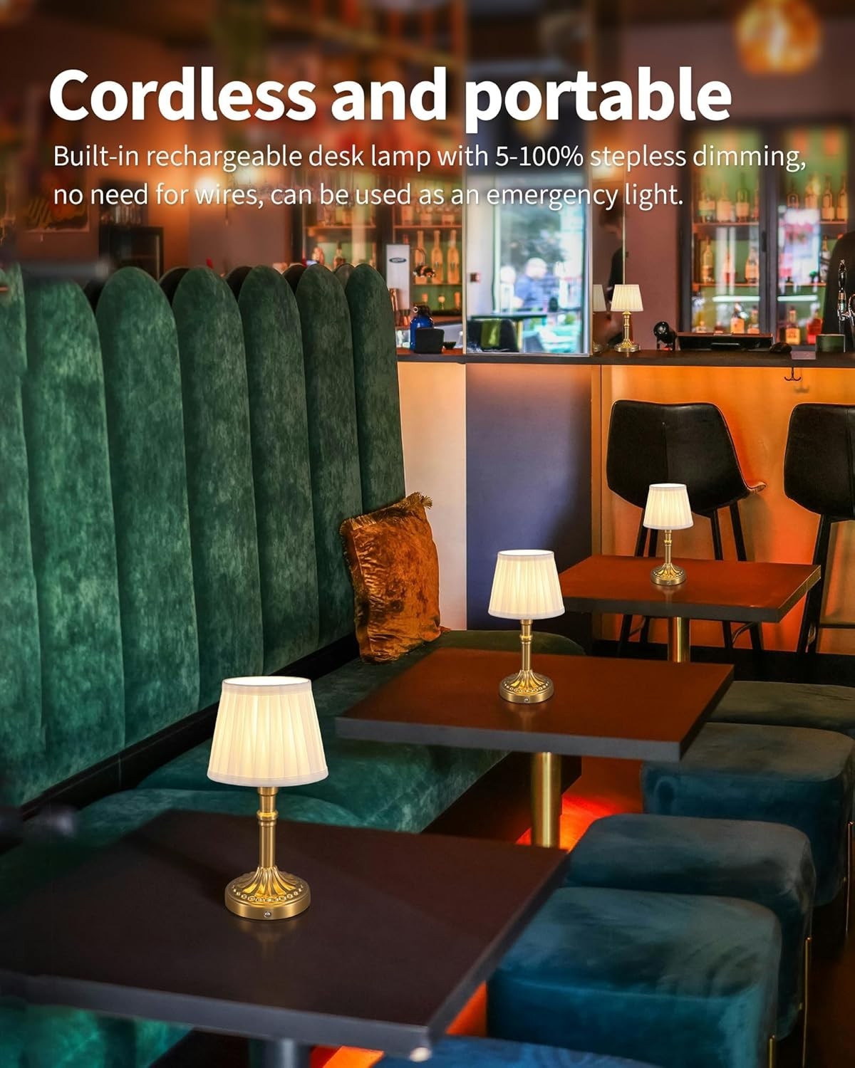 Rechargeable Cordless Table Lamps 2-Pack, Dimmable LED Touch, Fabric Shade