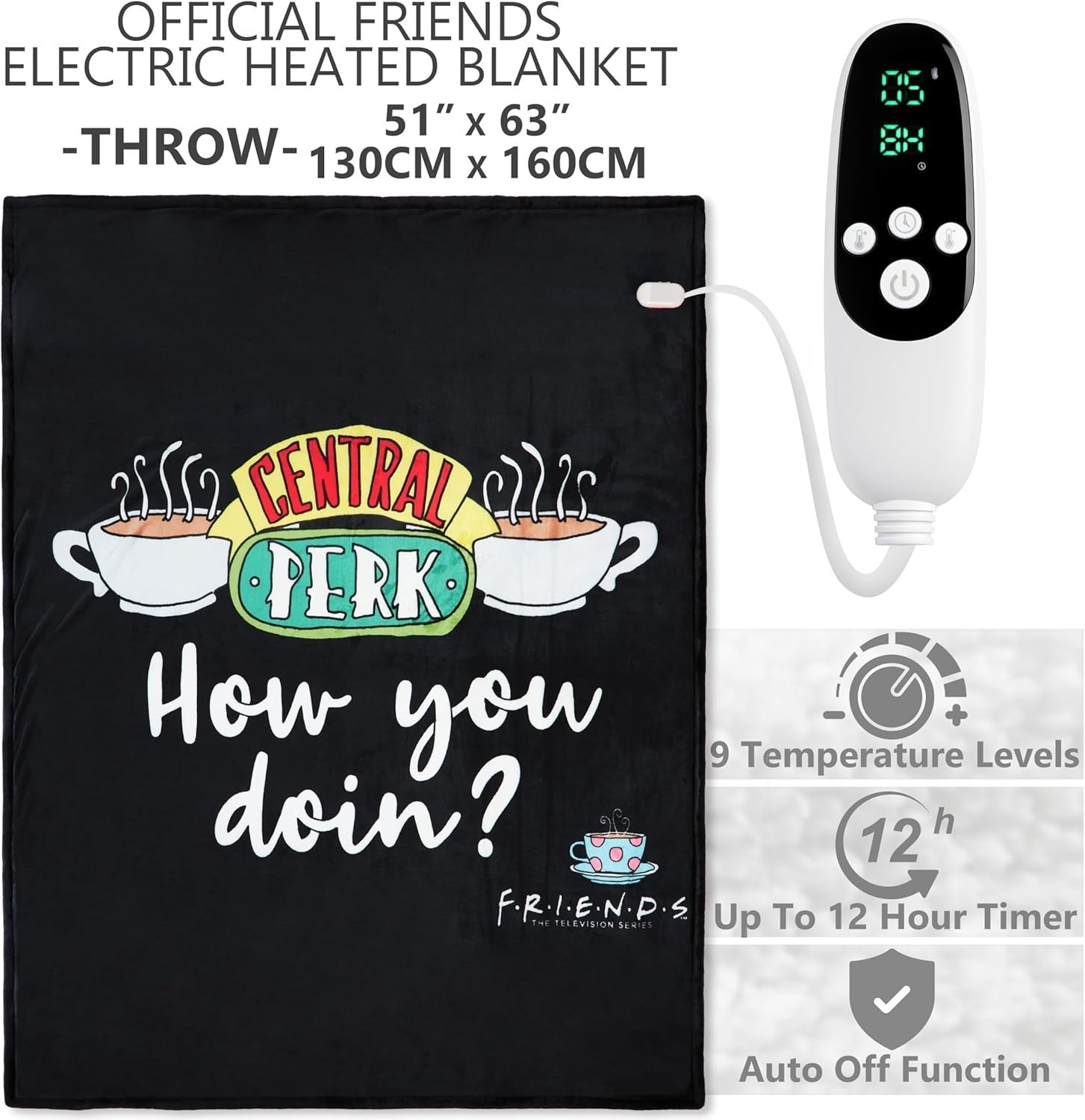 Single Electric Heated Throw Blanket 130x160cm Sherpa Fleece 9 Heat Timer