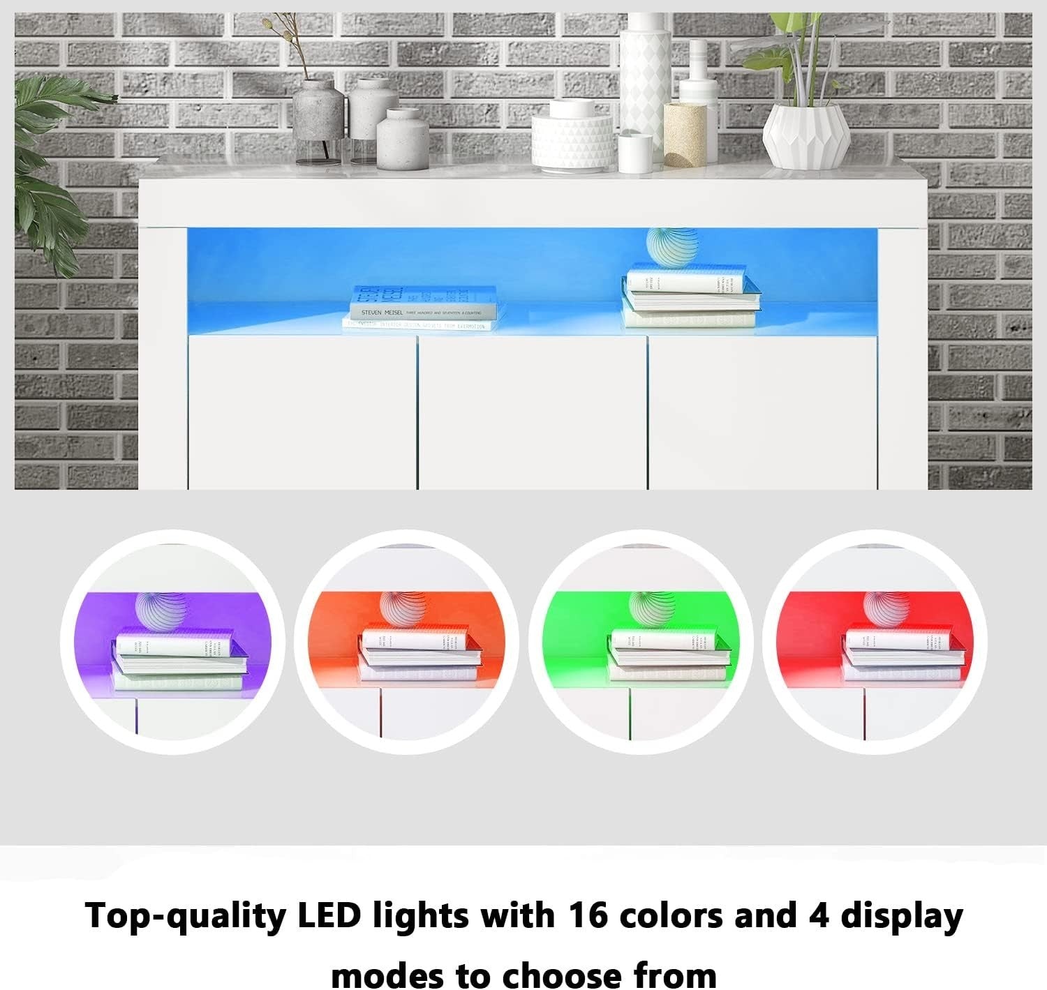 High Gloss White Sideboard 3 Doors LED Cabinet Storage Modern Living Room