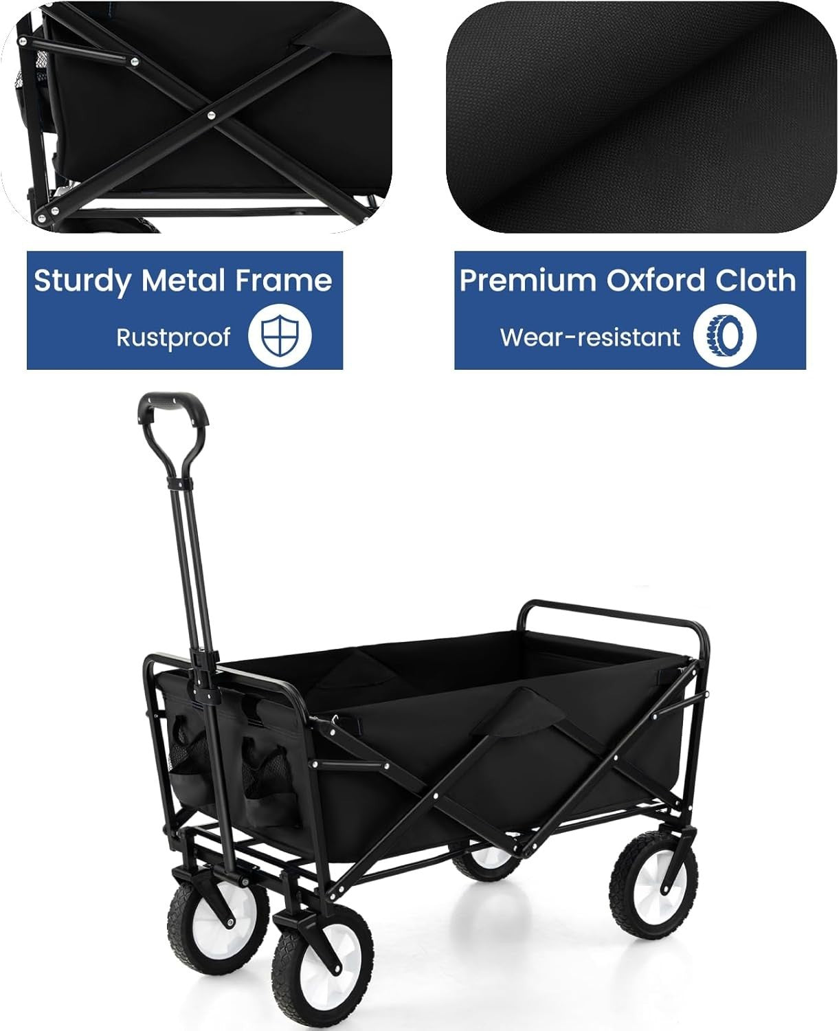 Black Folding Trolley Cart Collapsible Garden Wagon w/ Adjustable Handle & Bag
