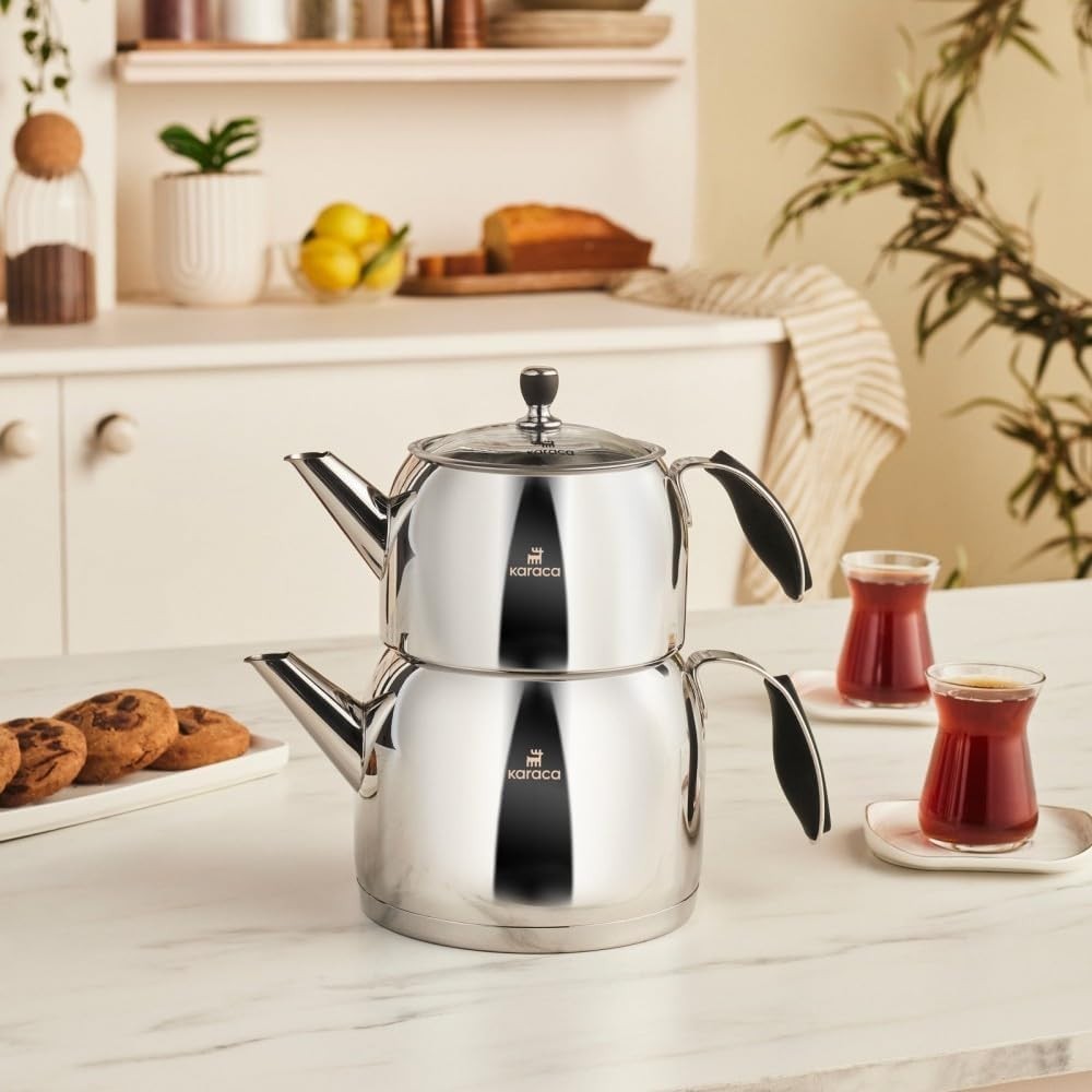 Stainless Steel Turkish Tea Pot Set 3L Glass Lid Induction Safe Teapot