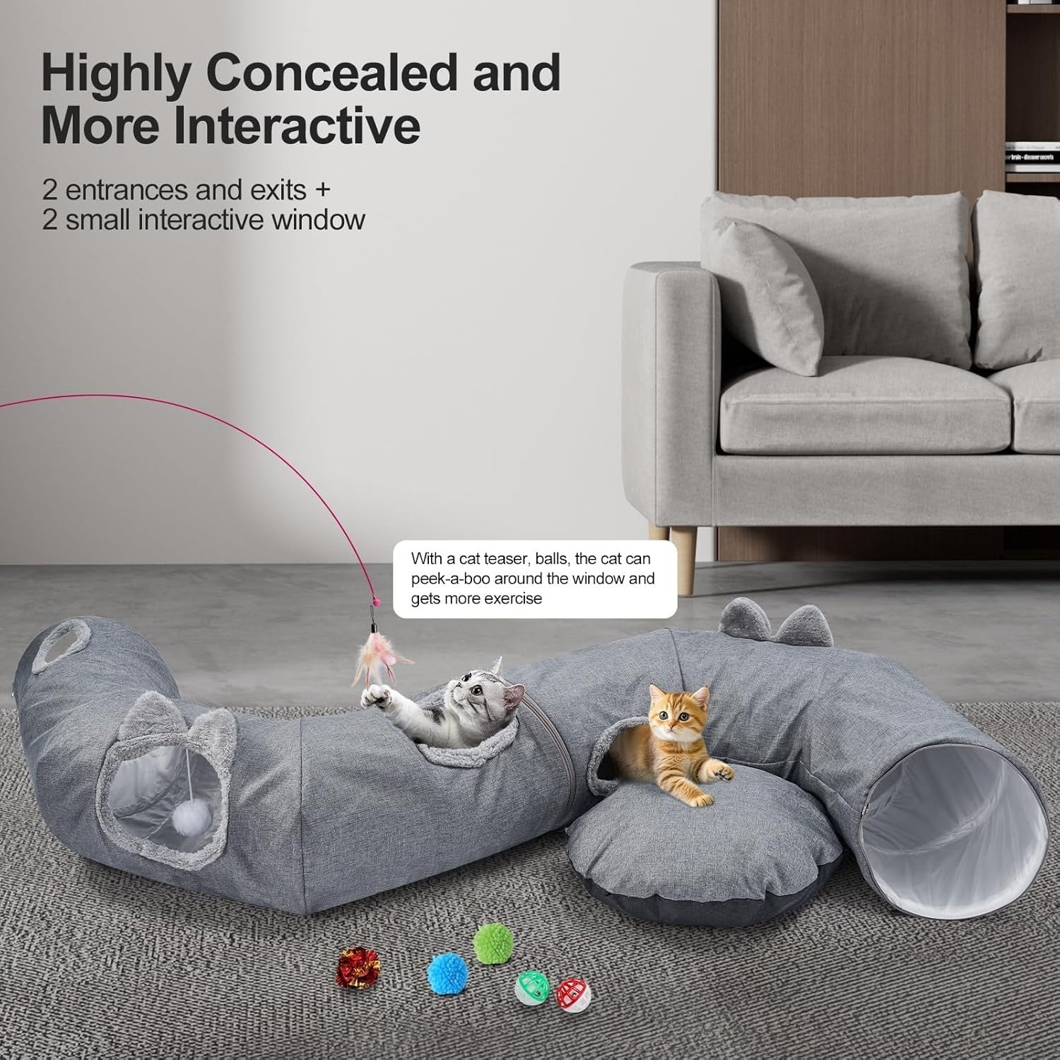 Large Cat Tunnel Bed Foldable Donut Play Tunnel w Washable Cushion