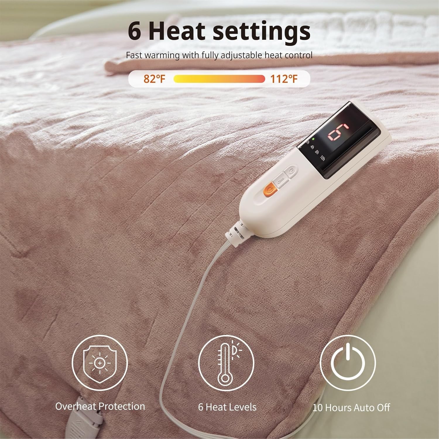 Electric Heated Throw Blanket 130x160cm Plush 9 Heat Auto Shut Washable