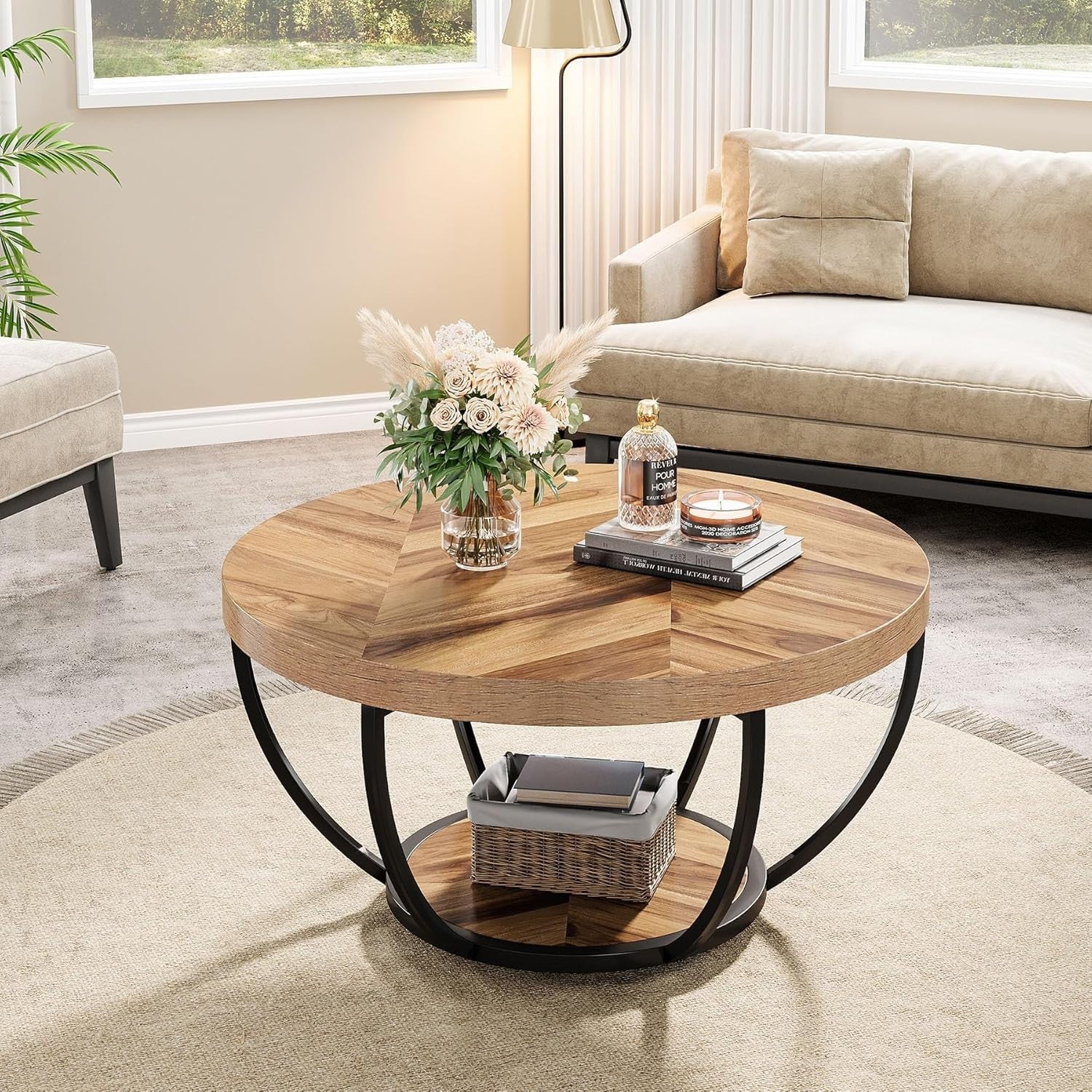 Round 2-Tier Coffee Table with Storage Shelves, Wooden Grain, 80x45cm