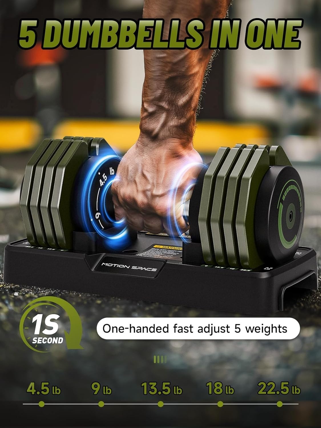5-in-1 Adjustable Dumbbells Pair 4.5–22.5LB 1-Sec Dial Non-Slip with Tray