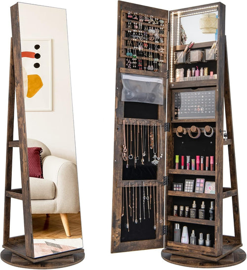 360° Swivel Jewelry Armoire Lockable Full Length Mirror LED Storage Rustic
