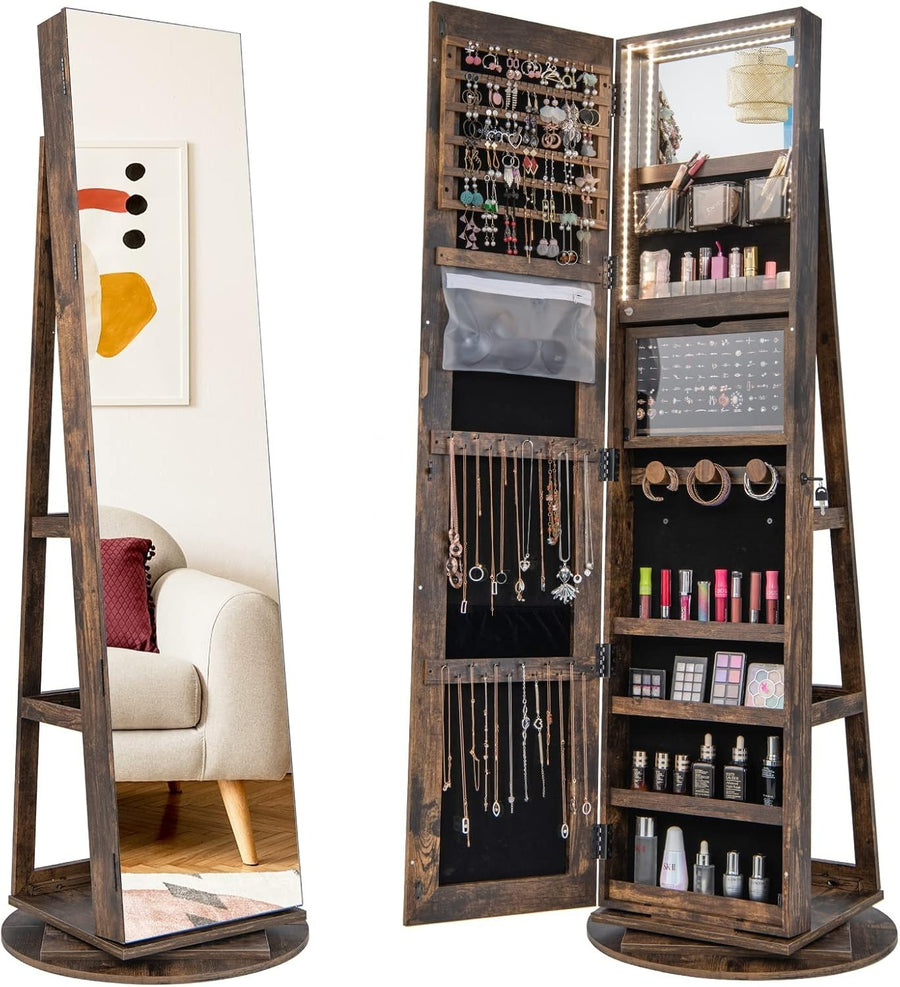 360° Swivel Jewelry Armoire Lockable Full Length Mirror LED Storage Rustic