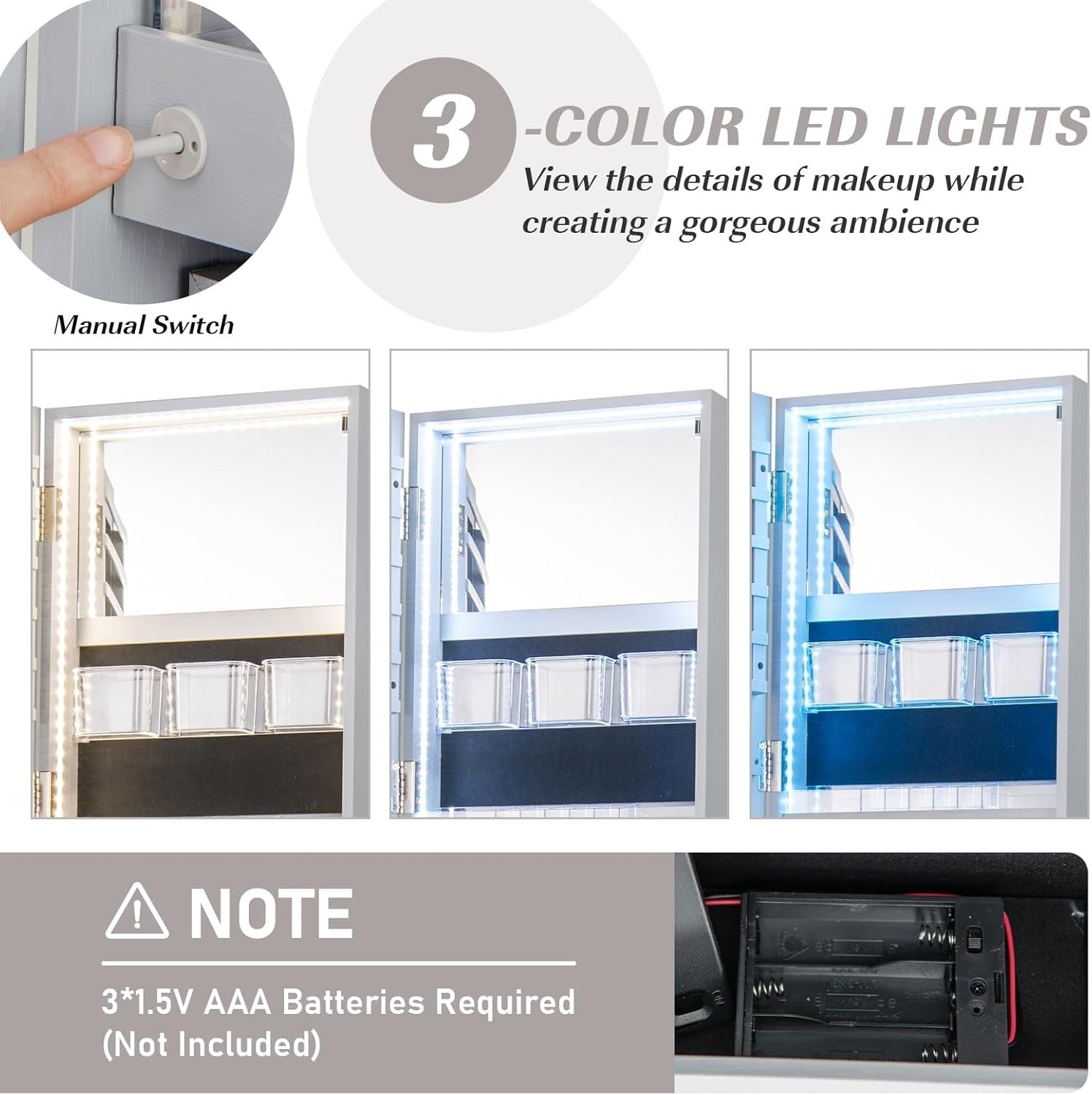 Grey 360° Swivel LED Jewelry Cabinet Mirror Lockable 3-Color Storage